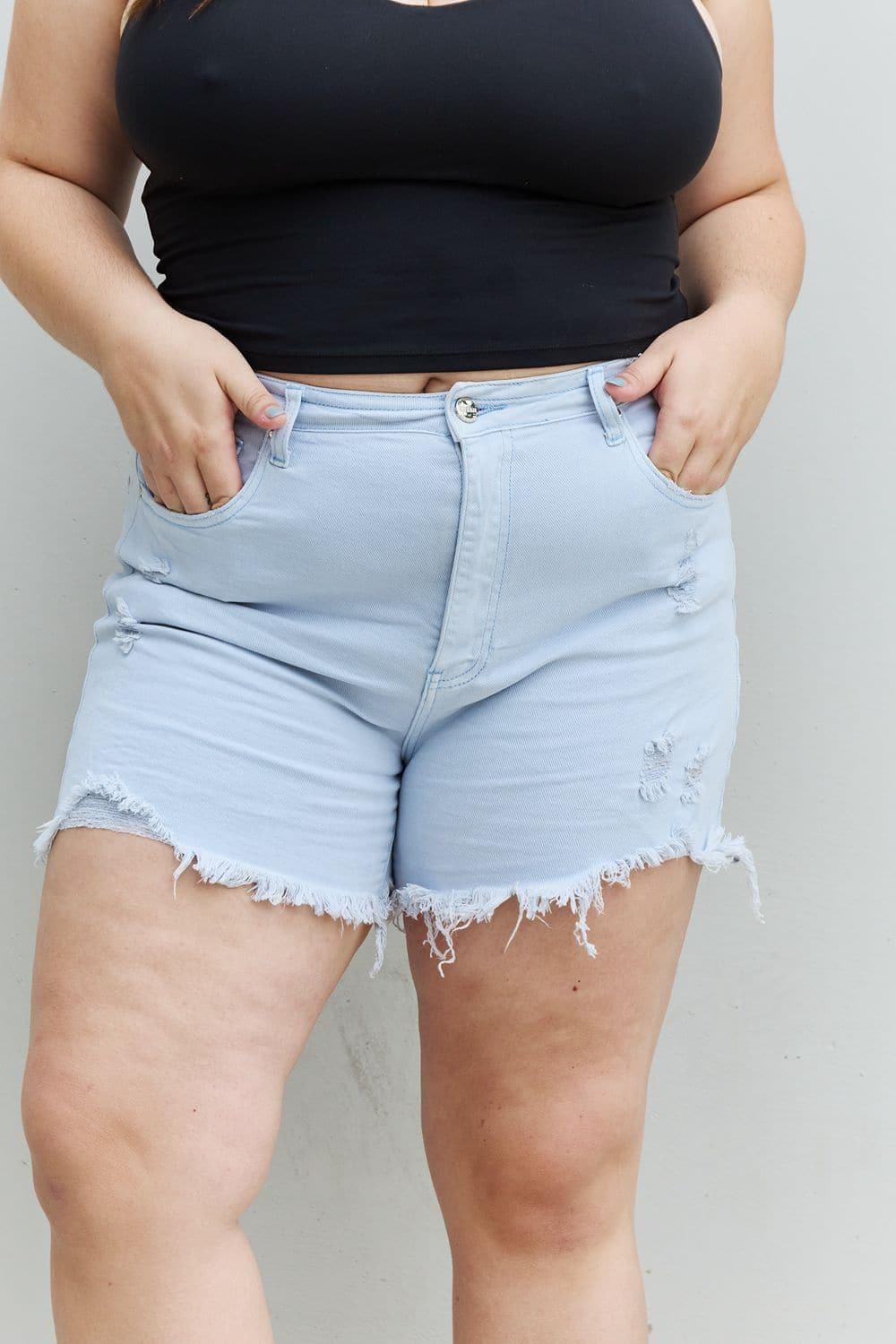 RISEN Katie Full Size High Waisted Distressed Shorts in Ice Blue - SwagglyLife Home & Fashion