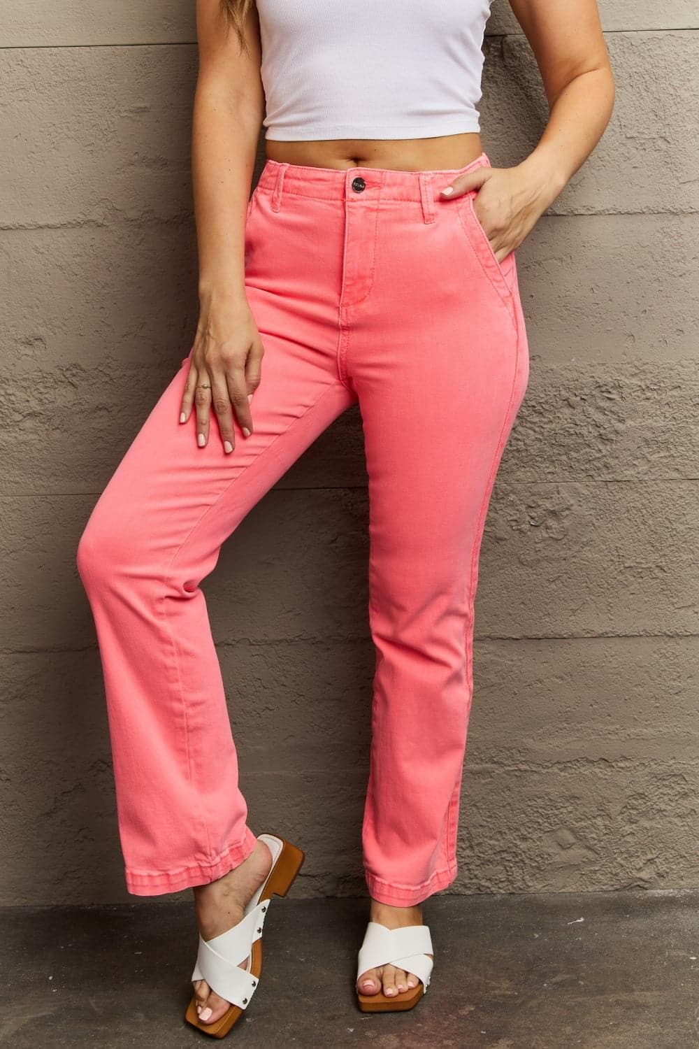 RISEN Kenya Full Size High Waist Side Twill Straight Jeans, Coral - SwagglyLife Home & Fashion