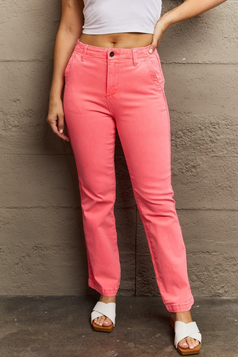 RISEN Kenya Full Size High Waist Side Twill Straight Jeans, Coral - SwagglyLife Home & Fashion