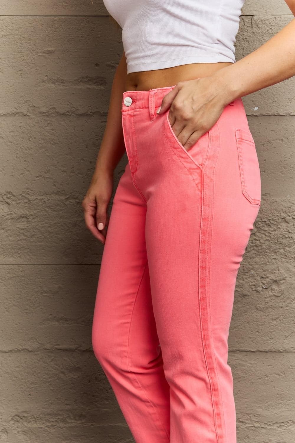 RISEN Kenya Full Size High Waist Side Twill Straight Jeans, Coral - SwagglyLife Home & Fashion