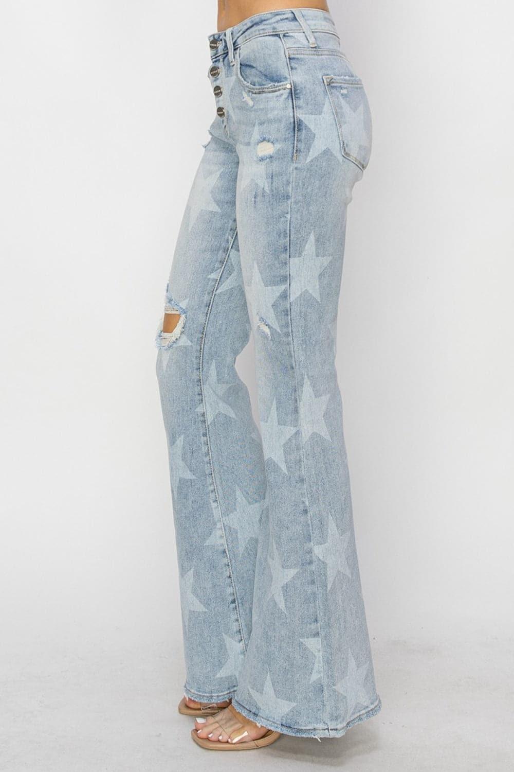 RISEN Mid Rise Button Fly Start Print Flare Jeans - SwagglyLife Home & Fashion