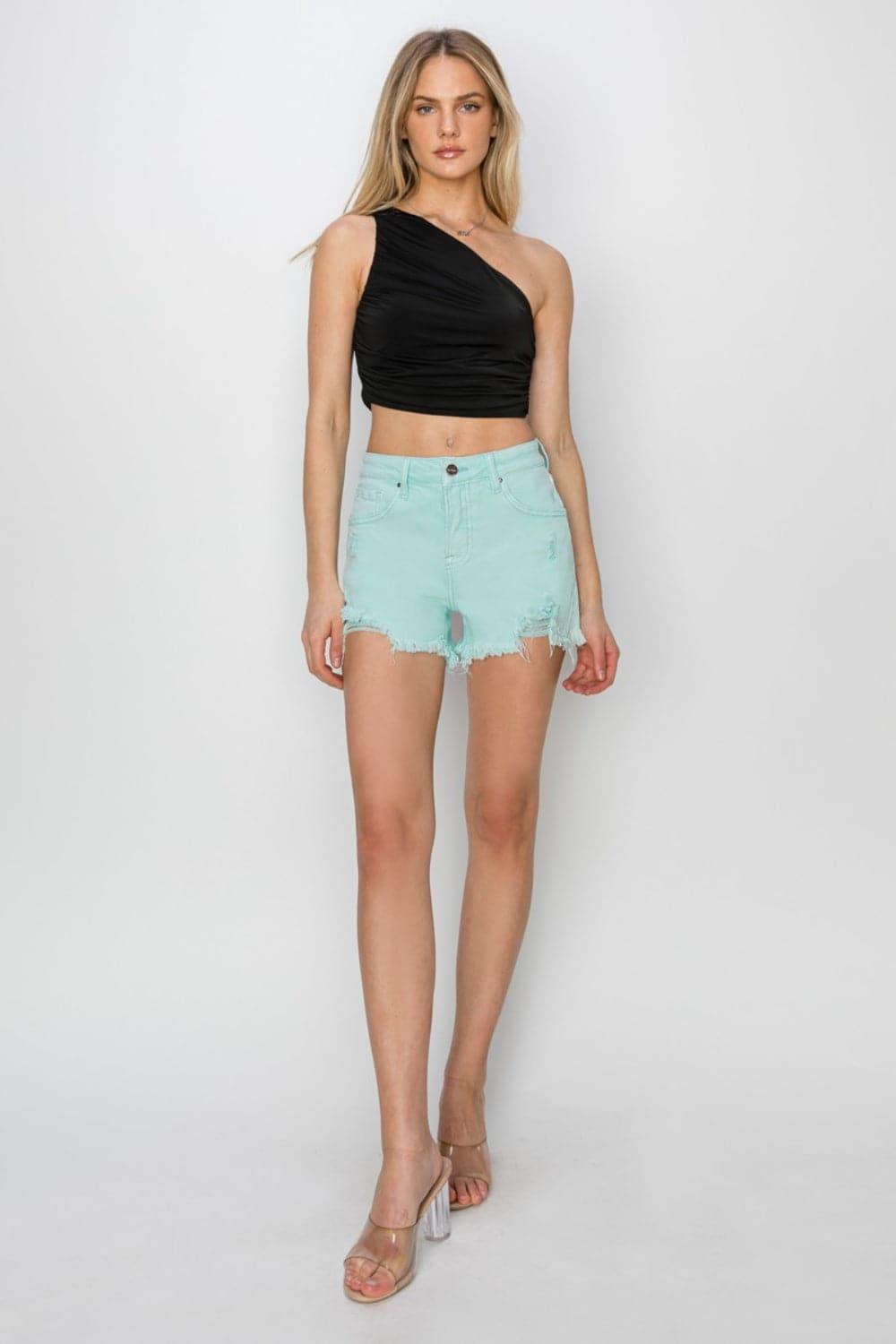 RISEN Mid Waist Frayed Hem Denim Shorts - SwagglyLife Home & Fashion