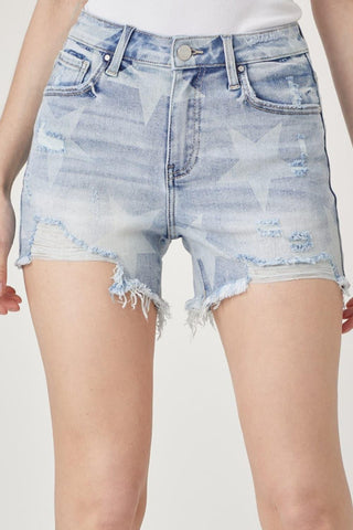 RISEN Star Print Frayed Denim Shorts - SwagglyLife Home & Fashion