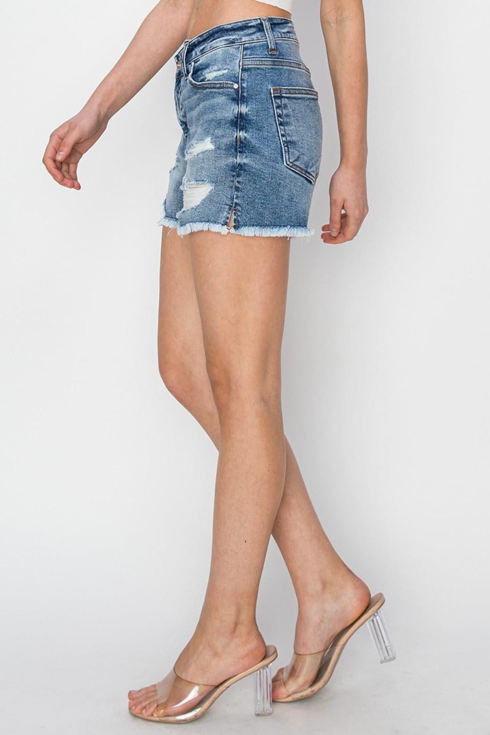 RISEN Stepped Waist Frayed Denim Shorts - SwagglyLife Home & Fashion
