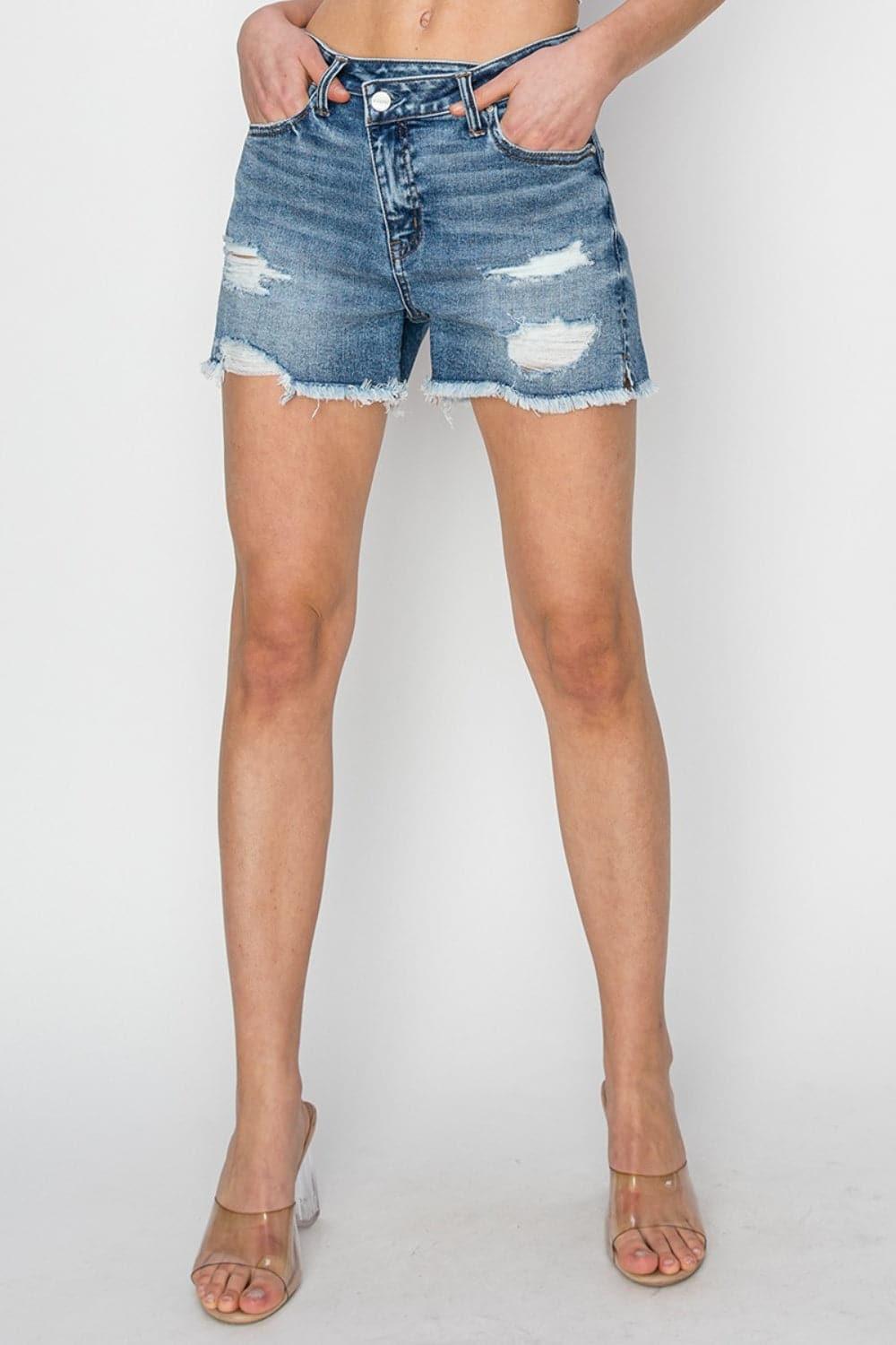 RISEN Stepped Waist Frayed Denim Shorts - SwagglyLife Home & Fashion