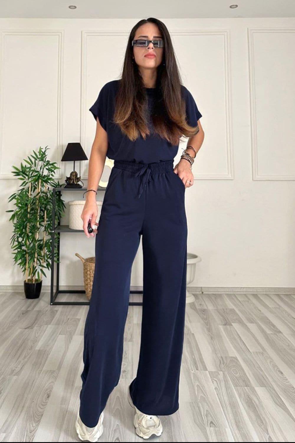 Round Neck Short Sleeve Top and Drawstring Pants Set - SwagglyLife Home & Fashion