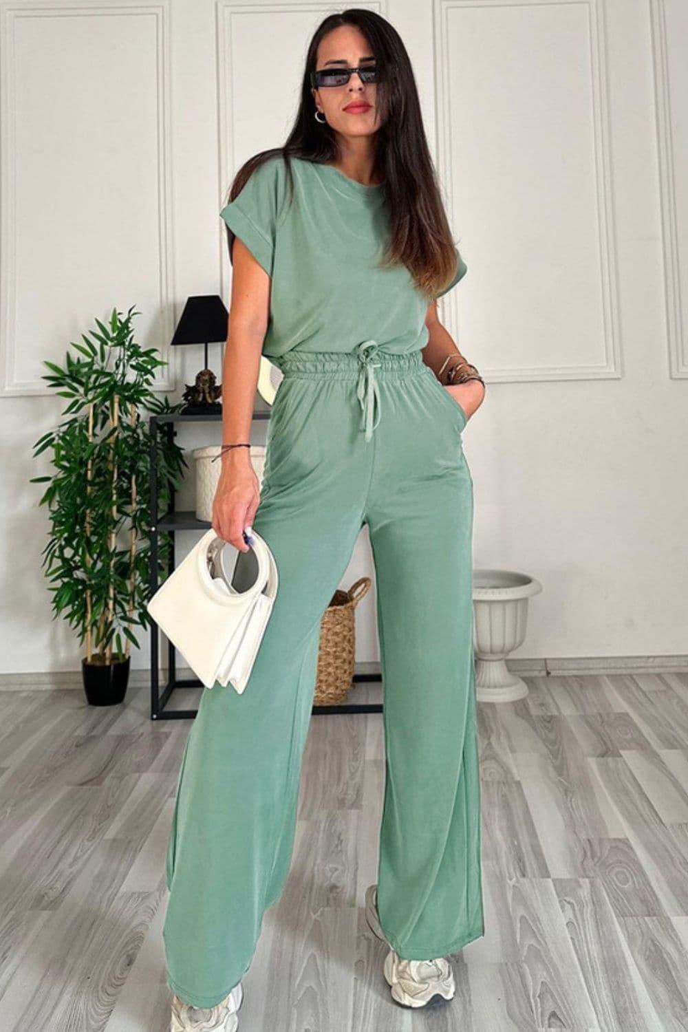 Round Neck Short Sleeve Top and Drawstring Pants Set - SwagglyLife Home & Fashion