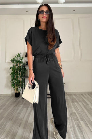 Round Neck Short Sleeve Top and Drawstring Pants Set - SwagglyLife Home & Fashion