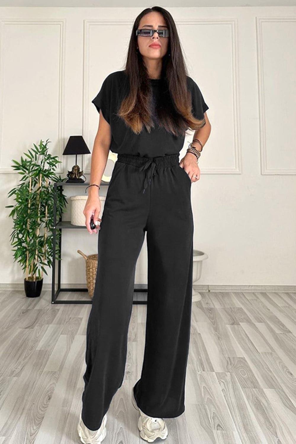 Round Neck Short Sleeve Top and Drawstring Pants Set - SwagglyLife Home & Fashion