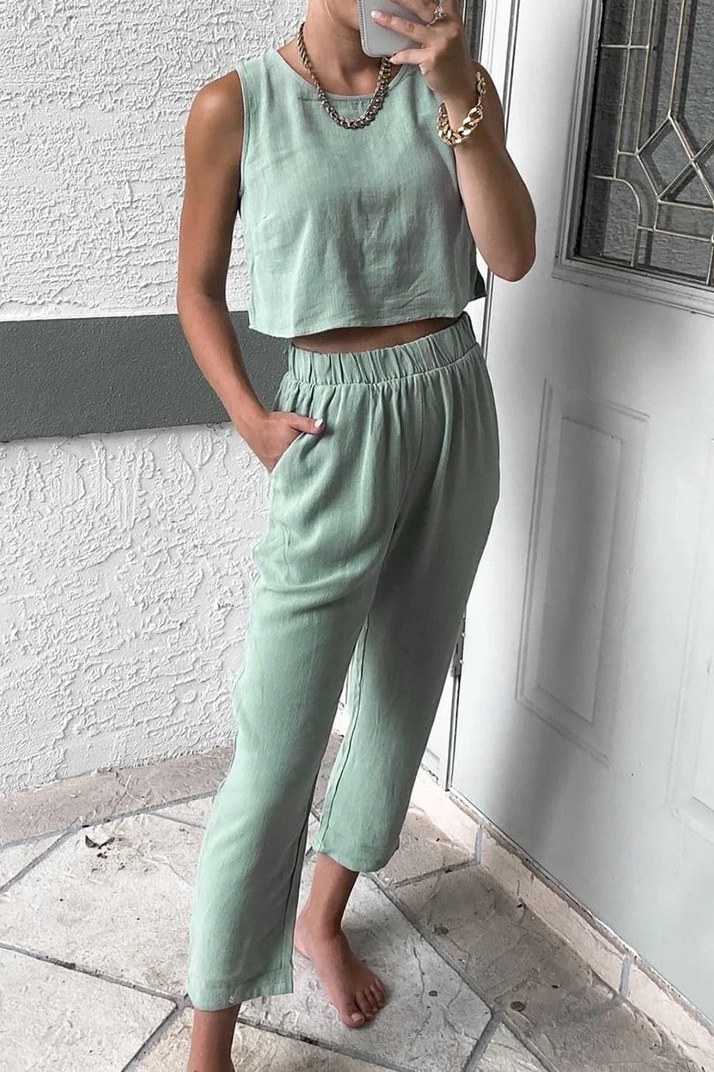 Round Neck Top and Pants Set - SwagglyLife Home & Fashion