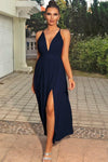 Sleeveless Plunge Neck Slit Maxi Dress, Dark Navy - SwagglyLife Home & Fashion