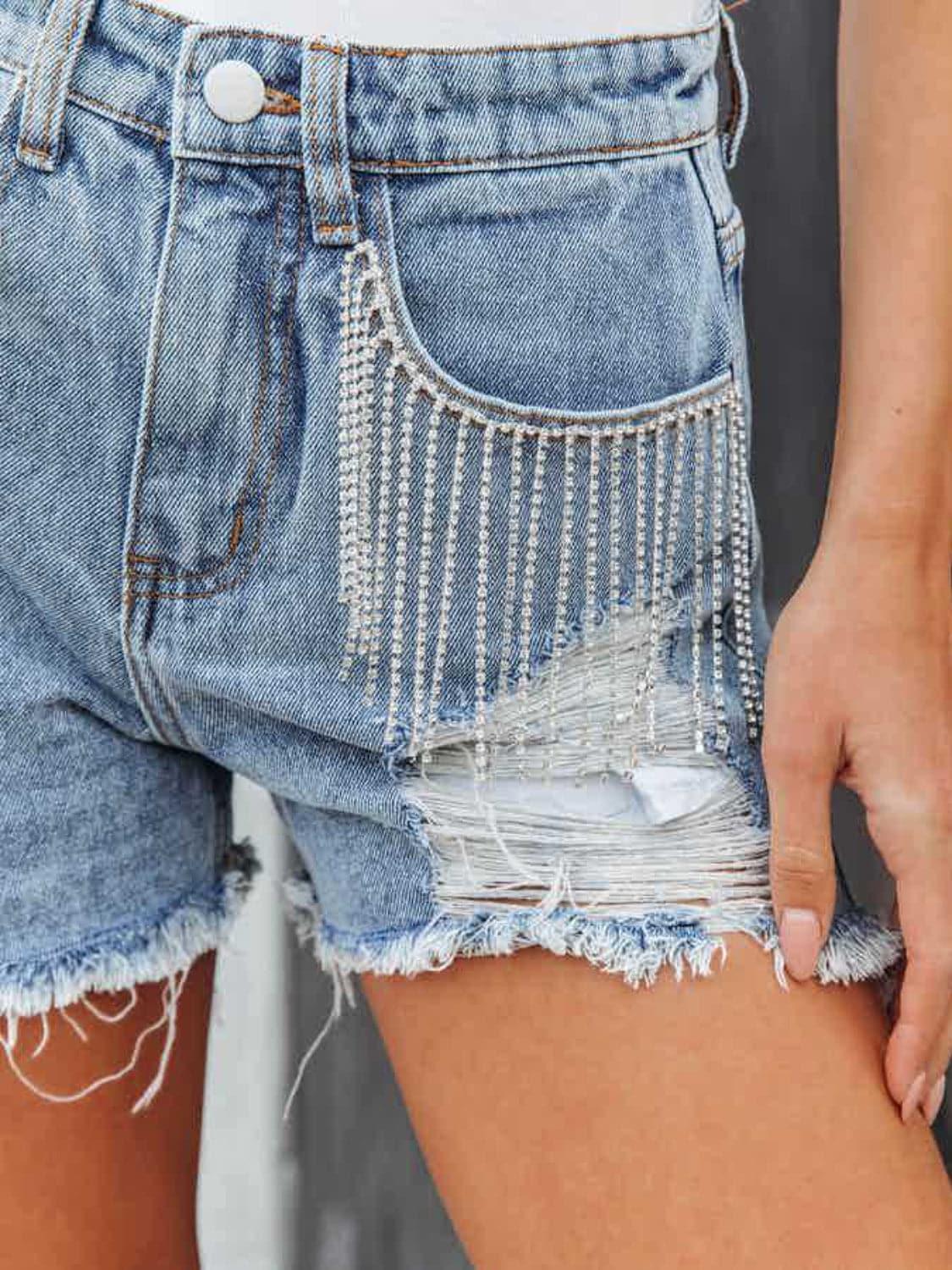 Roxy Distressed Fringe Denim Shorts with Pockets - SwagglyLife Home & Fashion