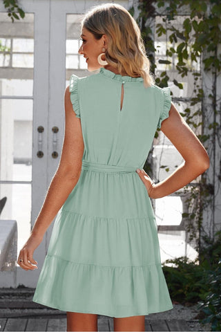 Ruffle Collar Tie Belt Tiered Dress - SwagglyLife Home & Fashion