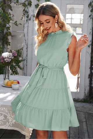 Ruffle Collar Tie Belt Tiered Dress - SwagglyLife Home & Fashion