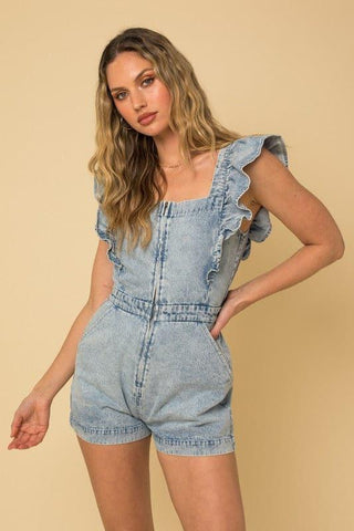 Ruffle Denim Romper - SwagglyLife Home & Fashion