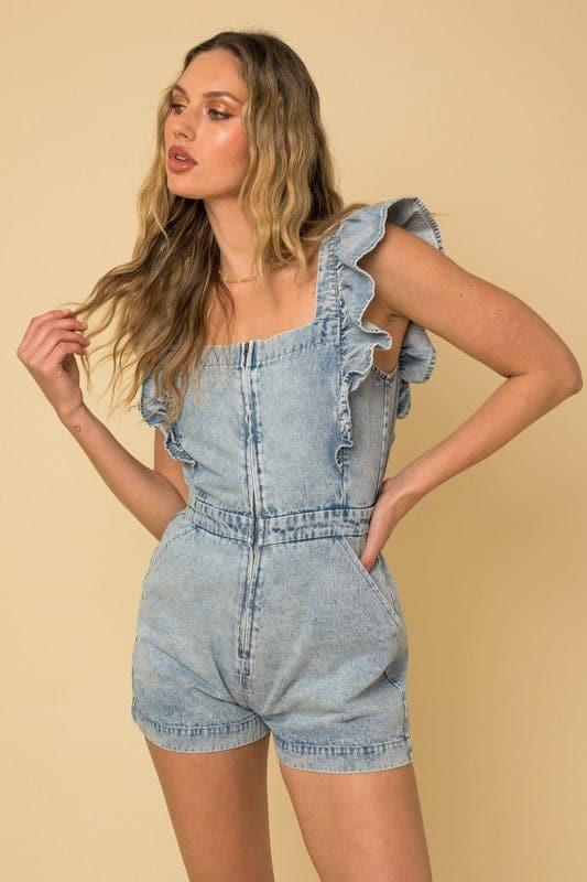 Ruffle Denim Romper - SwagglyLife Home & Fashion