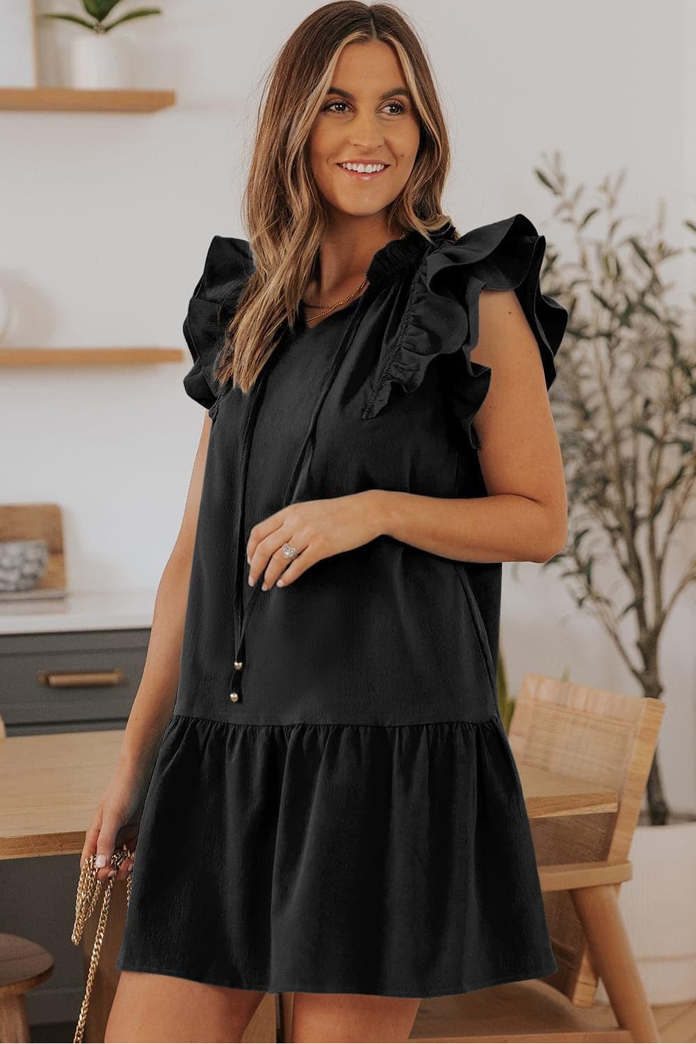 Ruffle Shoulder Tie-Neck Tiered Dress - SwagglyLife Home & Fashion