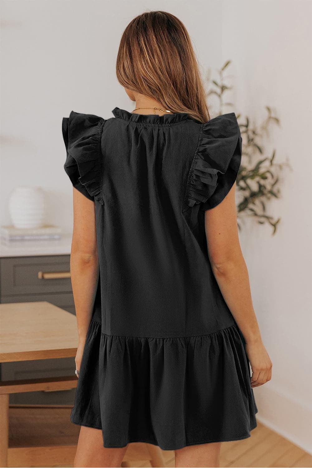 Ruffle Shoulder Tie-Neck Tiered Dress - SwagglyLife Home & Fashion