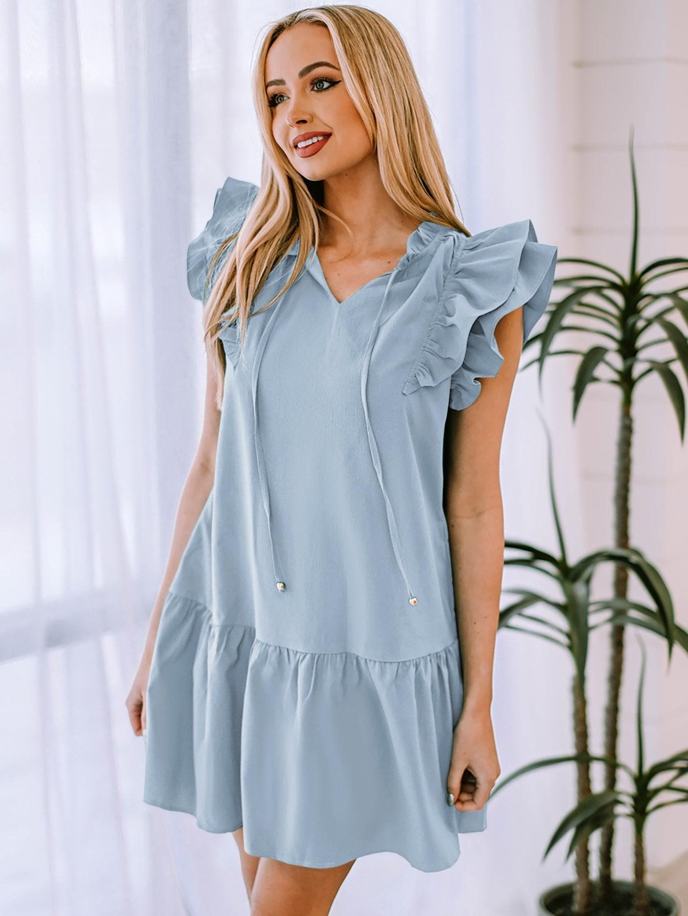 Ruffle Shoulder Tie-Neck Tiered Dress - SwagglyLife Home & Fashion