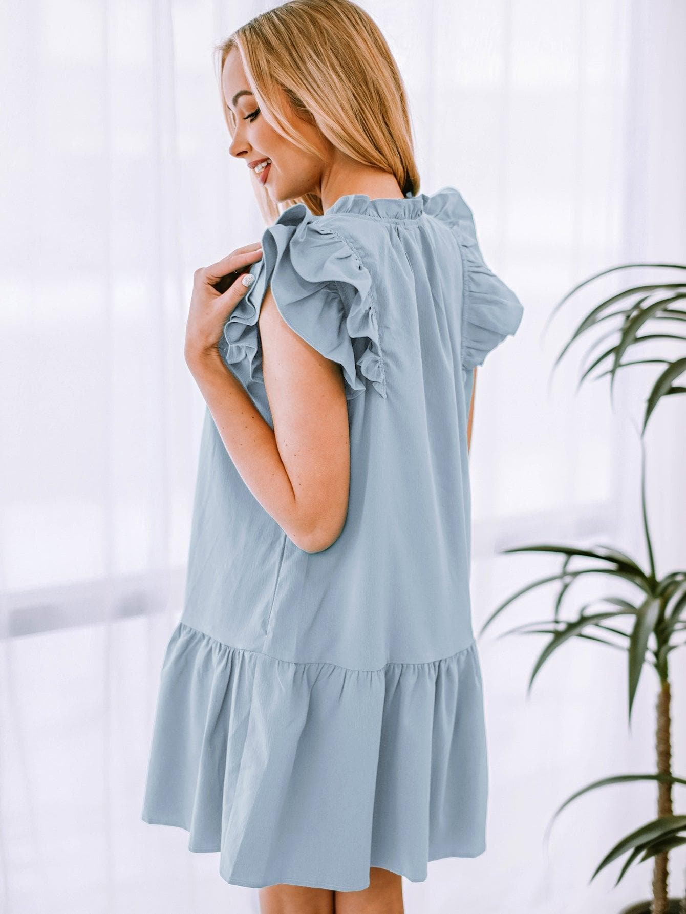 Ruffle Shoulder Tie-Neck Tiered Dress - SwagglyLife Home & Fashion