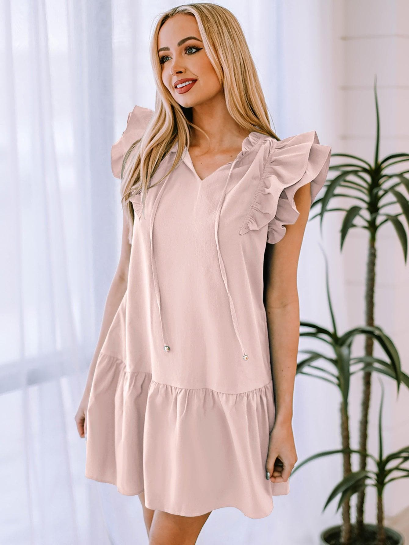 Ruffle Shoulder Tie-Neck Tiered Dress - SwagglyLife Home & Fashion