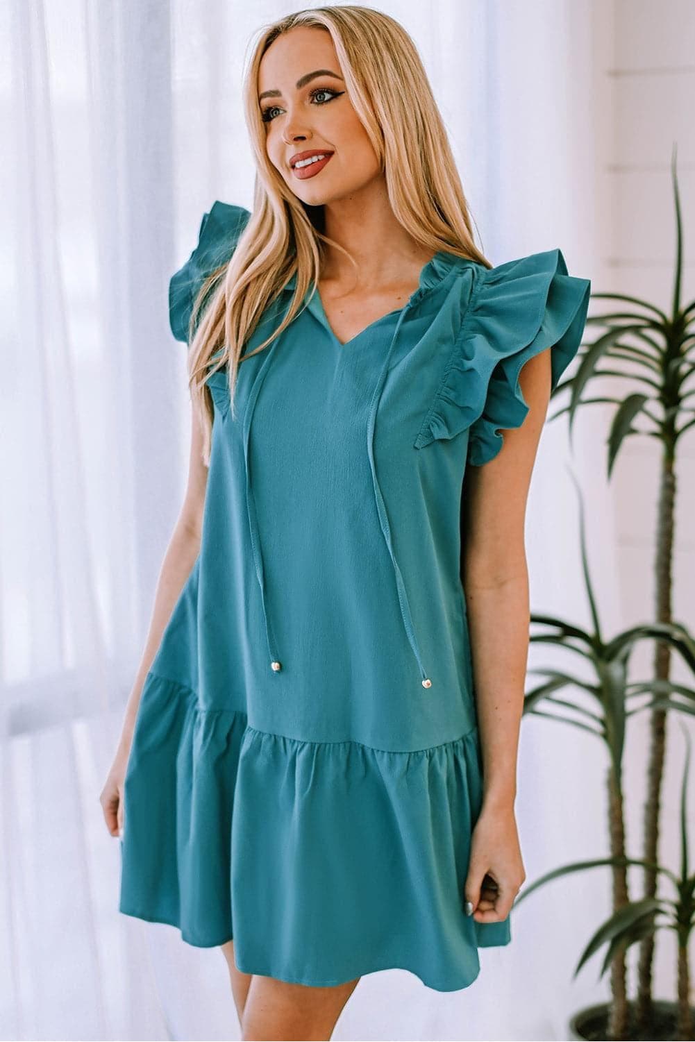 Ruffle Shoulder Tie-Neck Tiered Dress - SwagglyLife Home & Fashion