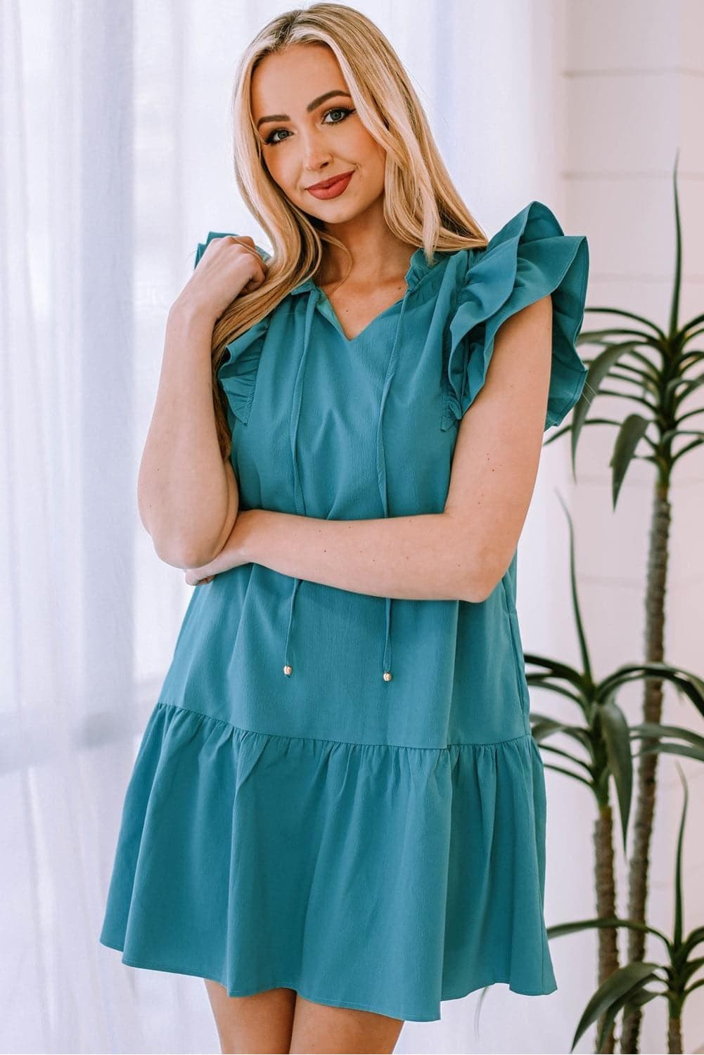 Ruffle Shoulder Tie-Neck Tiered Dress - SwagglyLife Home & Fashion