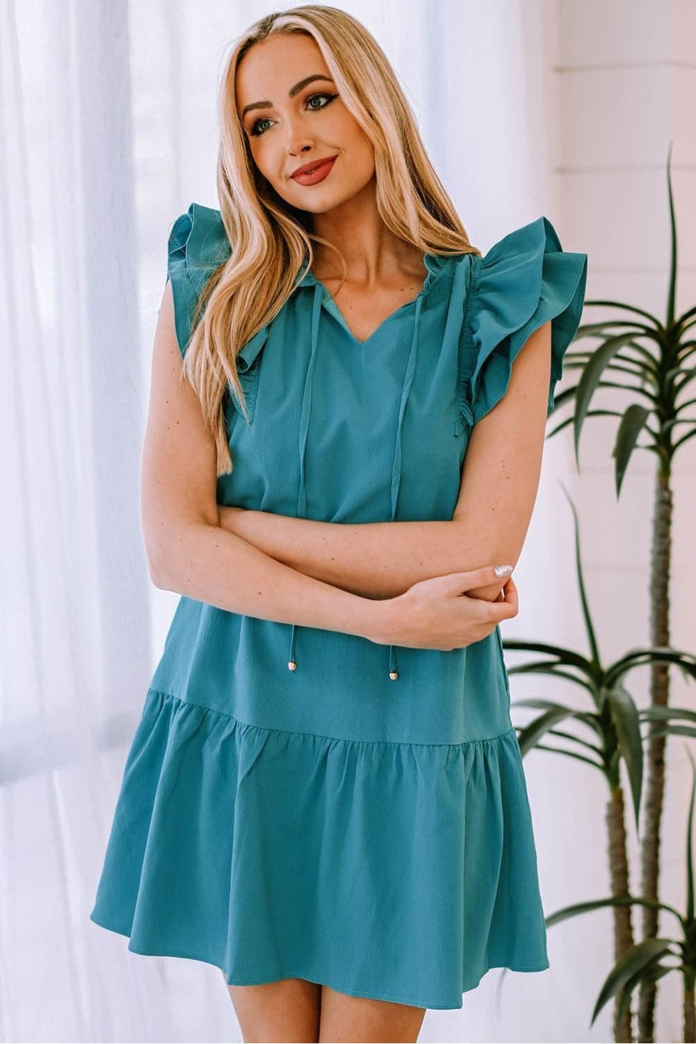 Ruffle Shoulder Tie-Neck Tiered Dress - SwagglyLife Home & Fashion