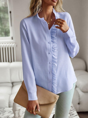 Ruffle Trim Long Sleeve Shirt, Multiple Colors - SwagglyLife Home & Fashion