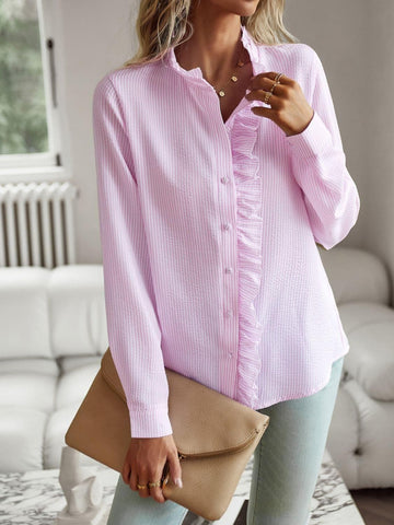 Ruffle Trim Long Sleeve Shirt, Multiple Colors - SwagglyLife Home & Fashion