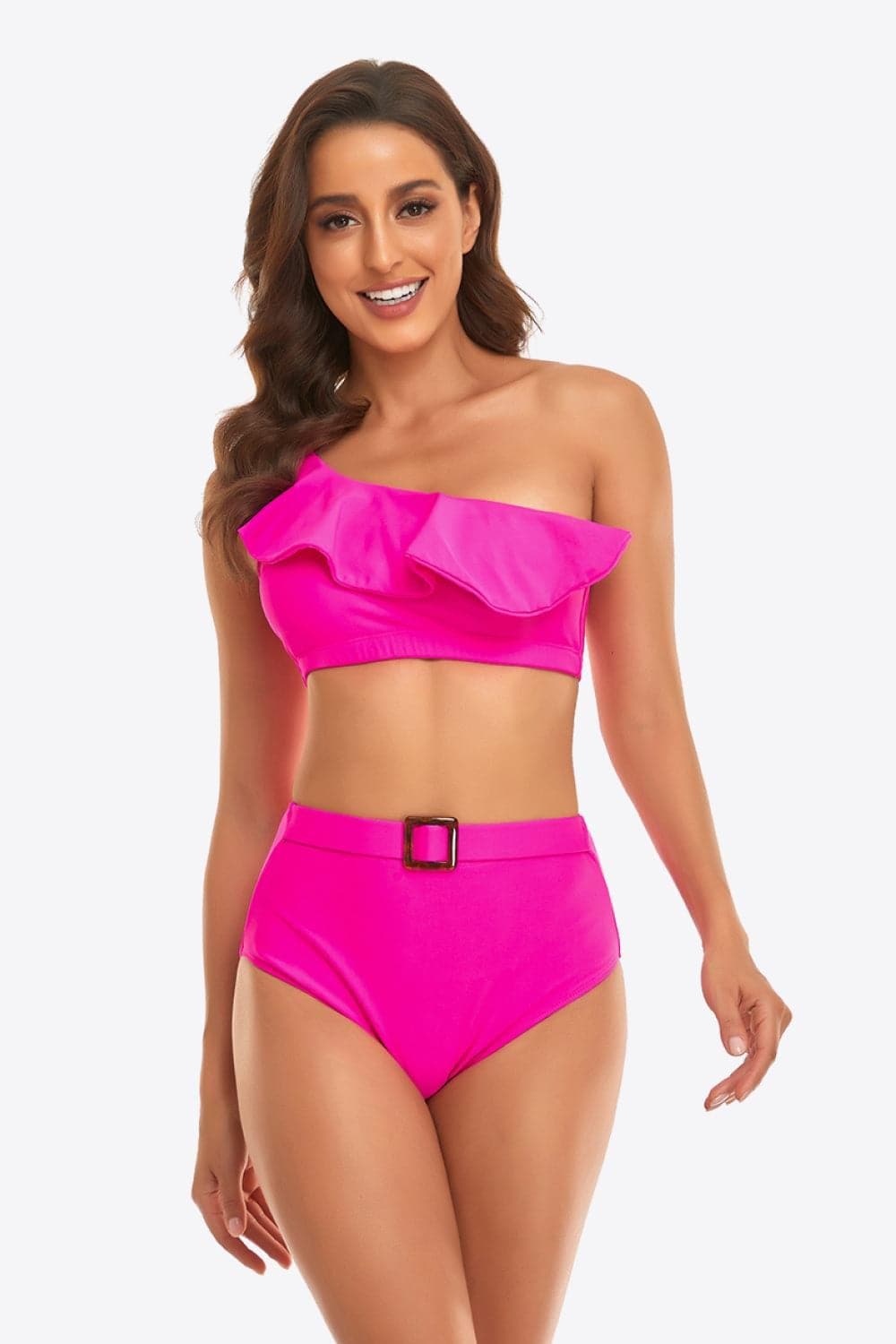 Ruffled One-Shoulder Buckled Bikini Set - SwagglyLife Home & Fashion