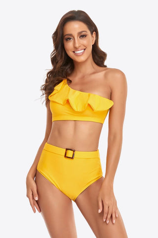 Ruffled One-Shoulder Buckled Bikini Set - SwagglyLife Home & Fashion