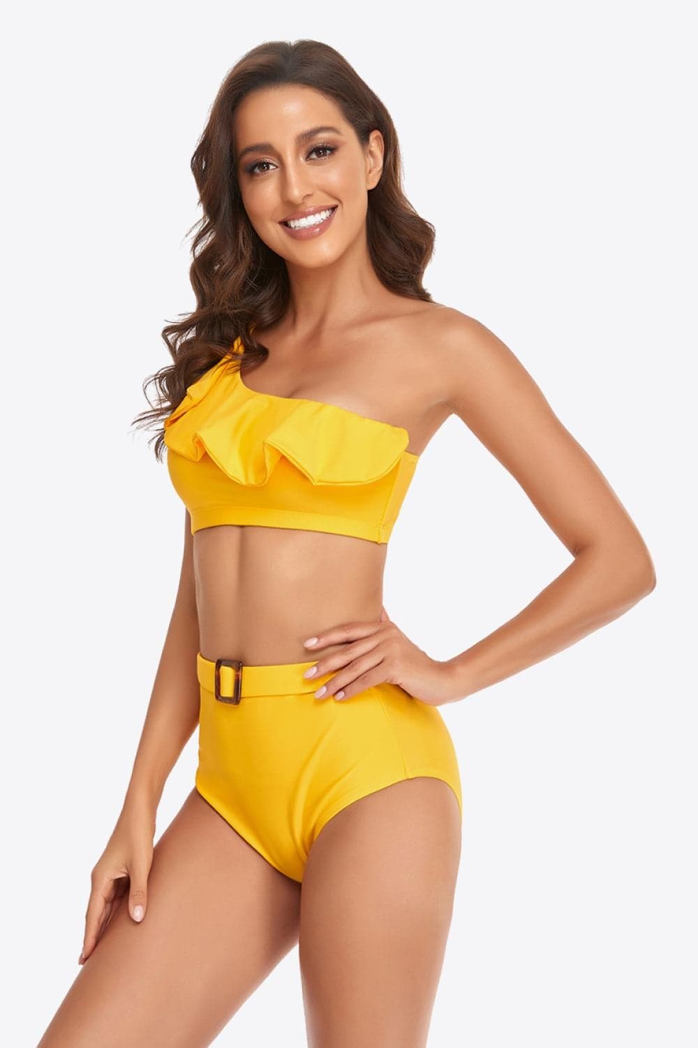 Ruffled One-Shoulder Buckled Bikini Set - SwagglyLife Home & Fashion