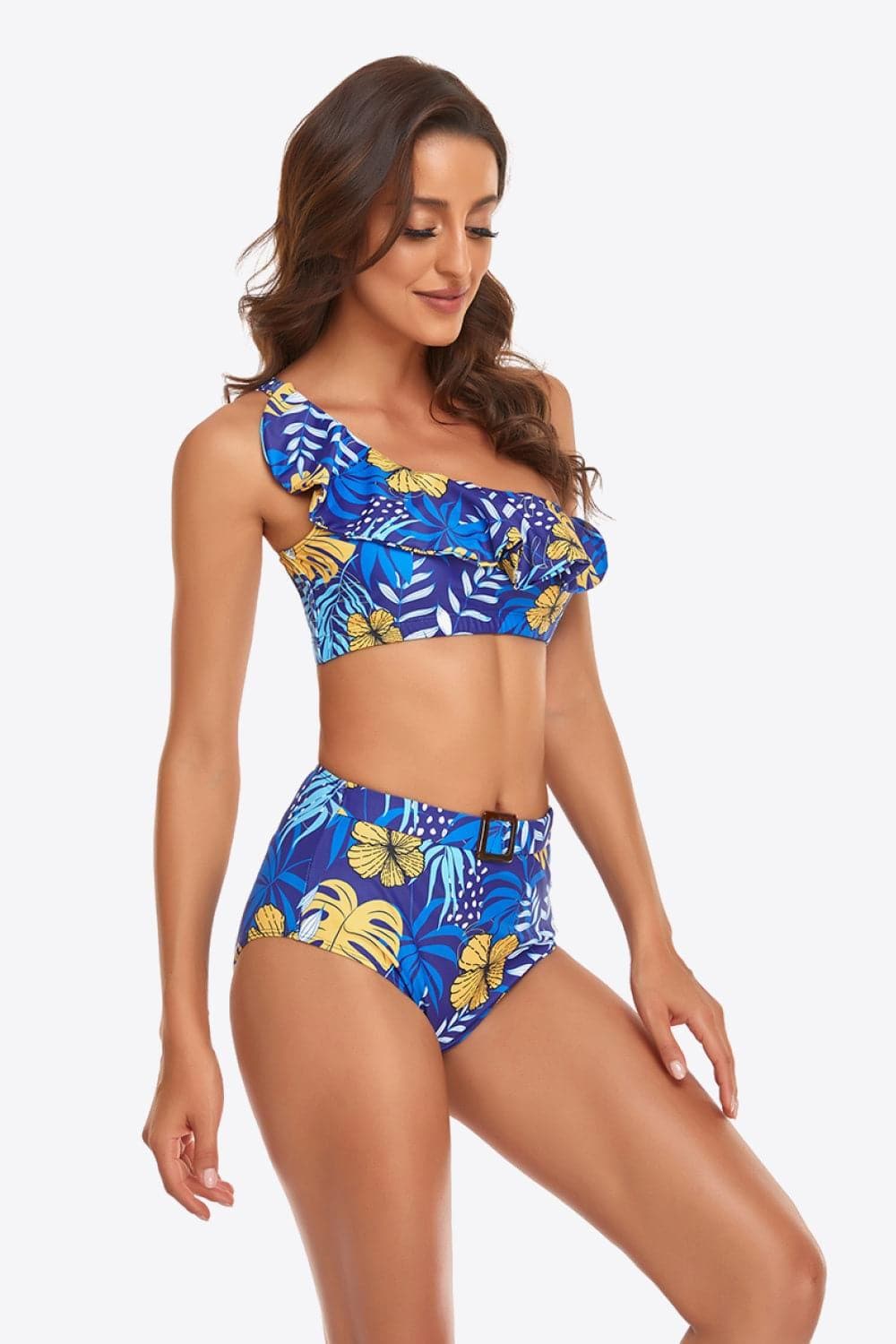 Ruffled One-Shoulder Buckled Bikini Set - SwagglyLife Home & Fashion
