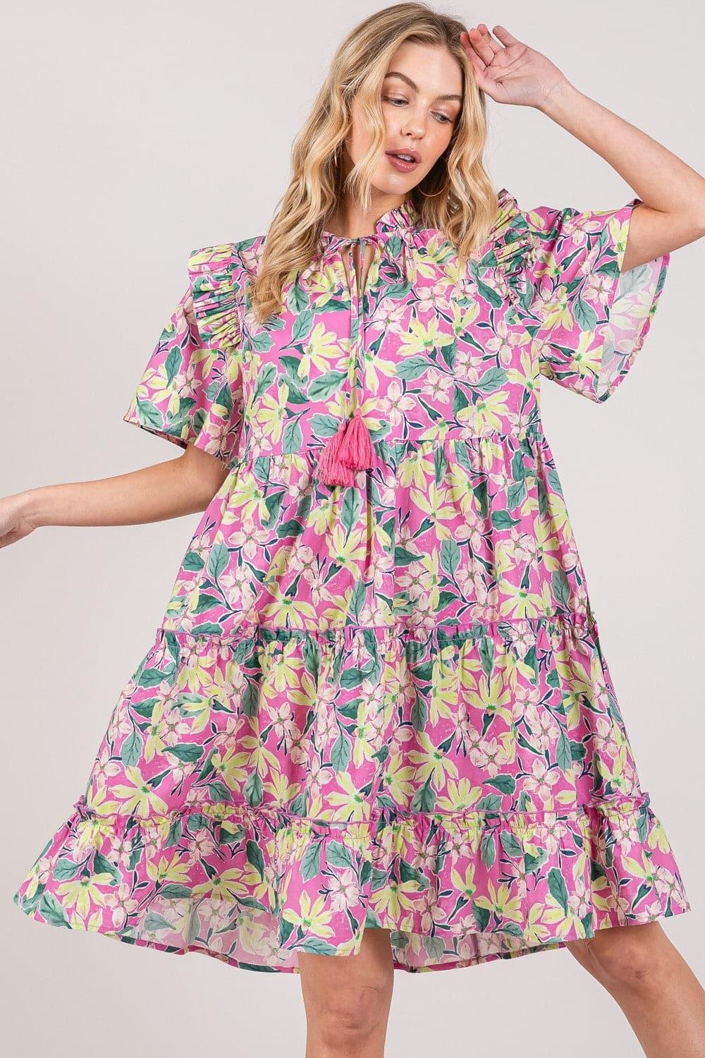 SAGE + FIG Floral Ruffle Short Sleeve Dress - SwagglyLife Home & Fashion