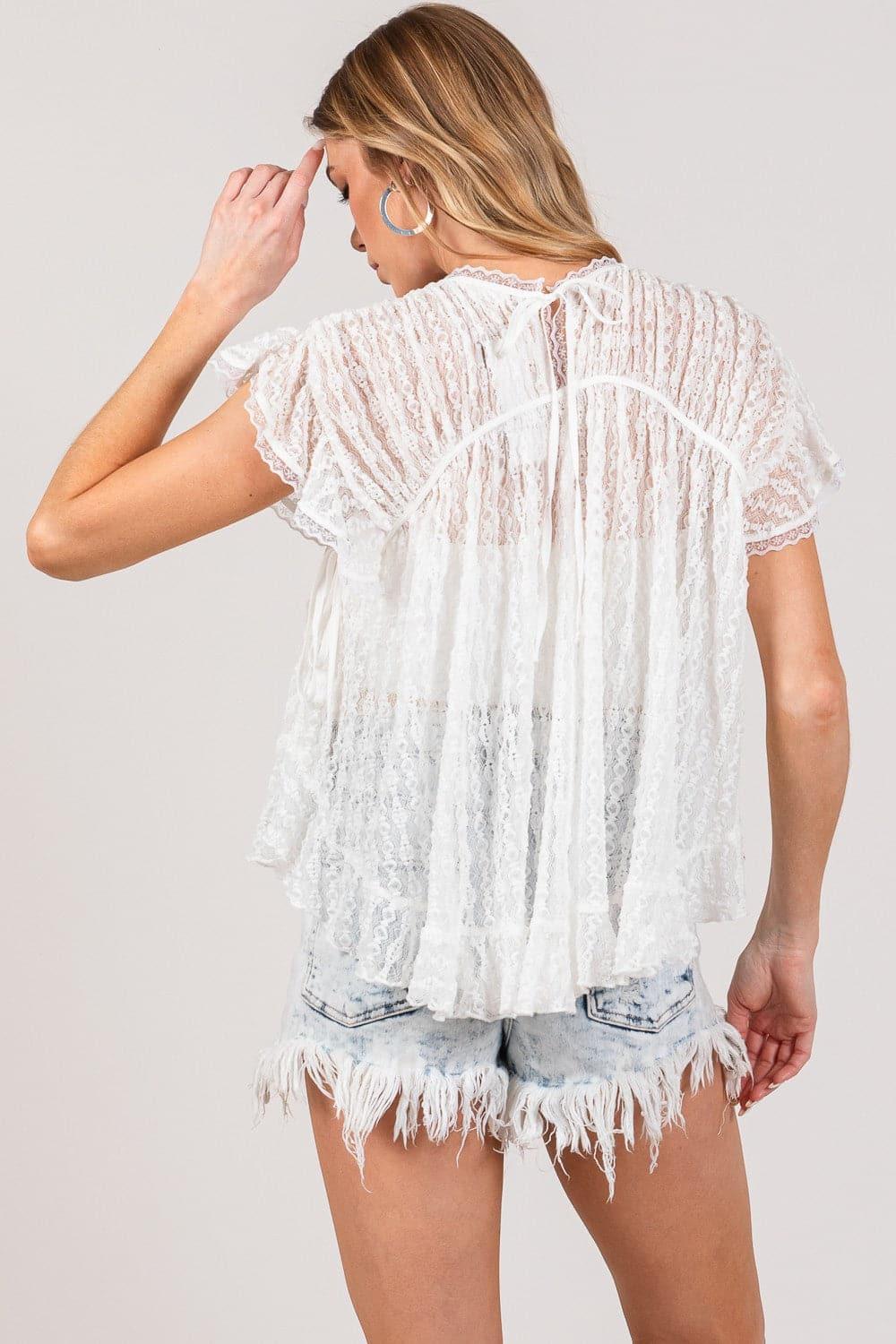 SAGE + FIG Round Neck Short Sleeve Lace Blouse - SwagglyLife Home & Fashion