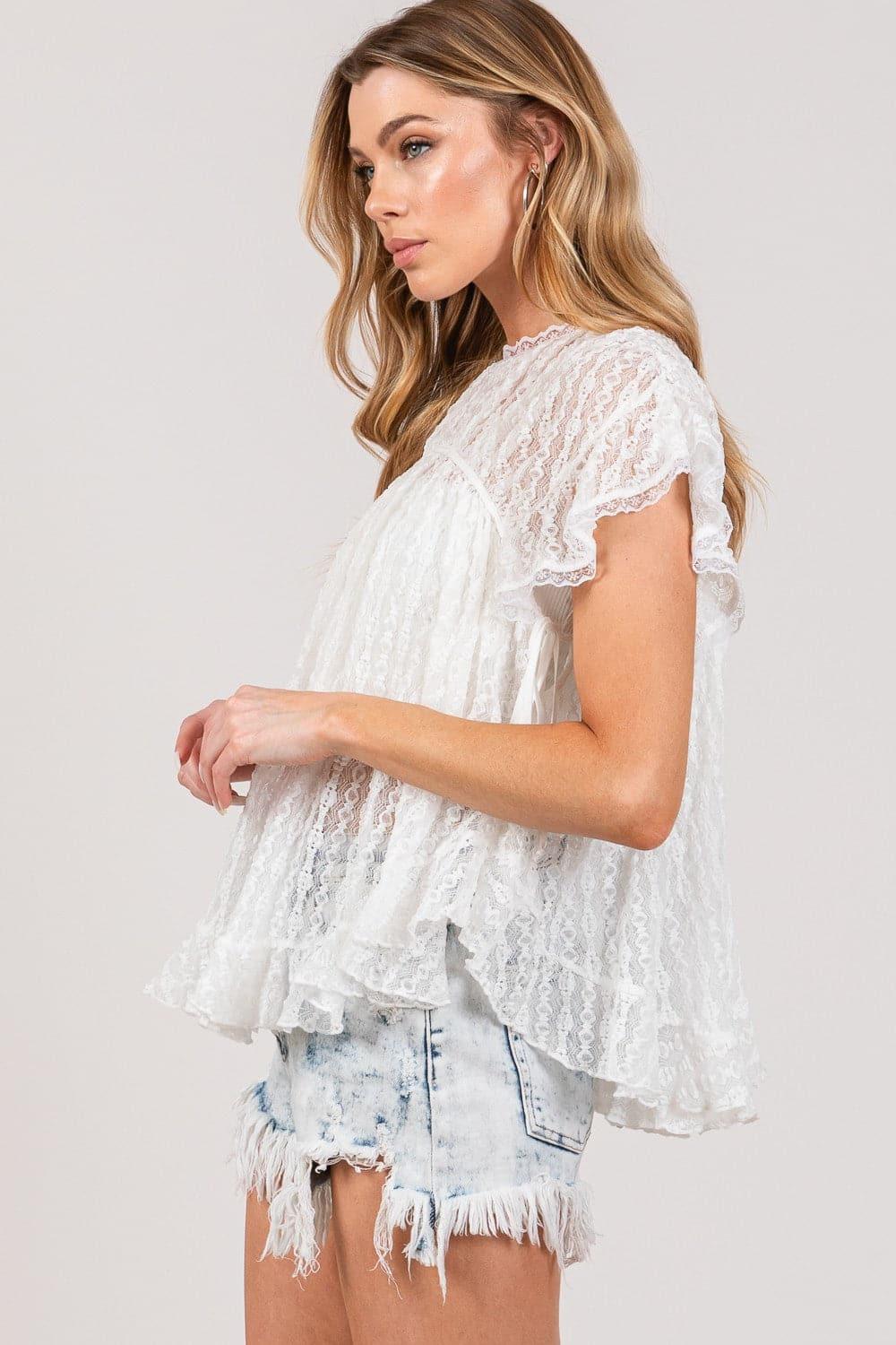 SAGE + FIG Round Neck Short Sleeve Lace Blouse - SwagglyLife Home & Fashion