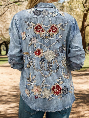 Sandra Embroidered Pocketed Button Up Denim Shirt - SwagglyLife Home & Fashion