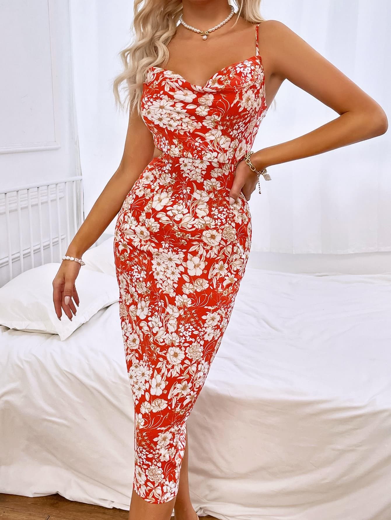 Floral Print Tie Back Cowl Neck Sleeveless Midi Dress - SwagglyLife Home & Fashion