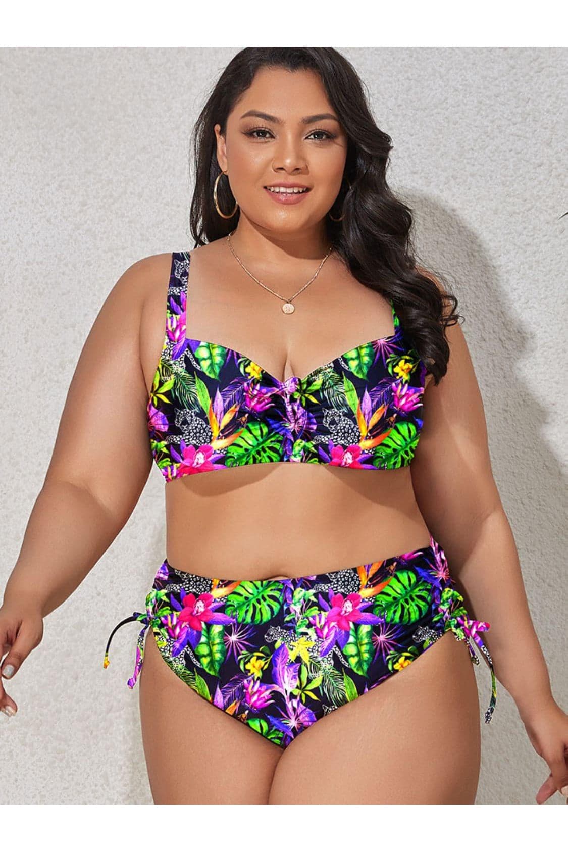 Plus Size Printed Drawstring Detail Bikini Set - SwagglyLife Home & Fashion