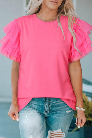 Sandy Layered Mesh Sleeve Round Neck Tee, Hot Pink - SwagglyLife Home & Fashion