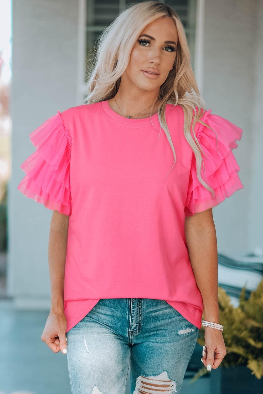 Sandy Layered Mesh Sleeve Round Neck Tee, Hot Pink - SwagglyLife Home & Fashion