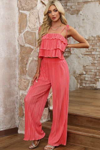 Sandy Layered Tie Shoulder Top and Wide Leg Pants Set - SwagglyLife Home & Fashion