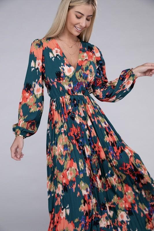 Sarah Floral Satin Pleated Maxi Dress - SwagglyLife Home & Fashion