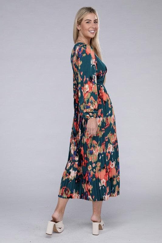Sarah Floral Satin Pleated Maxi Dress - SwagglyLife Home & Fashion