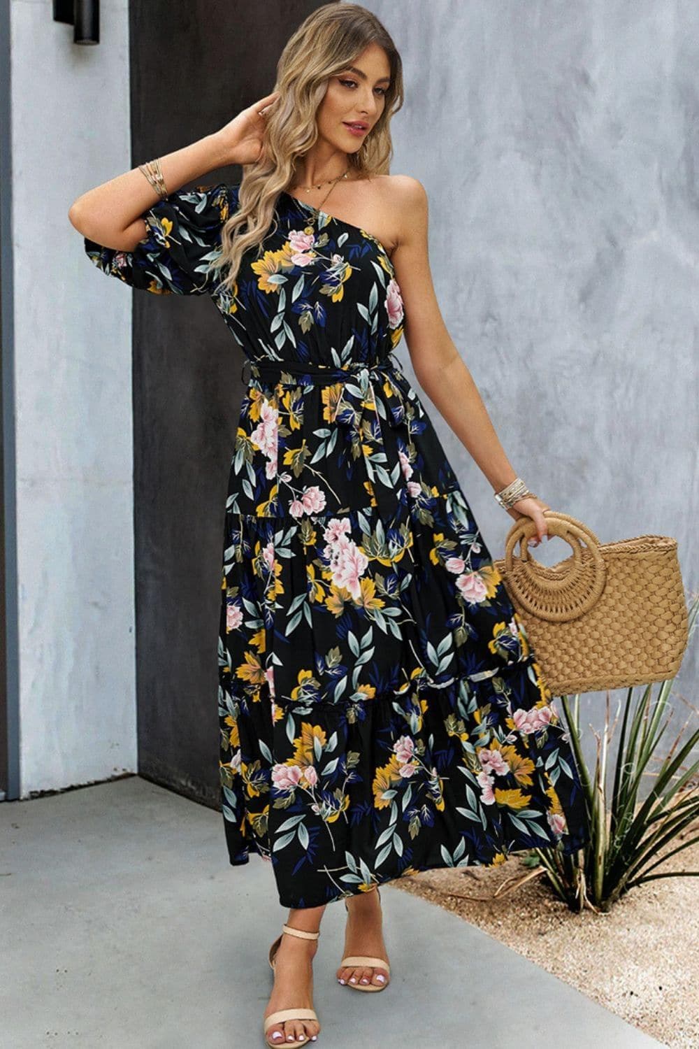 Printed One-Shoulder Tie Belt Maxi Dress, Multiple Colors - SwagglyLife Home & Fashion