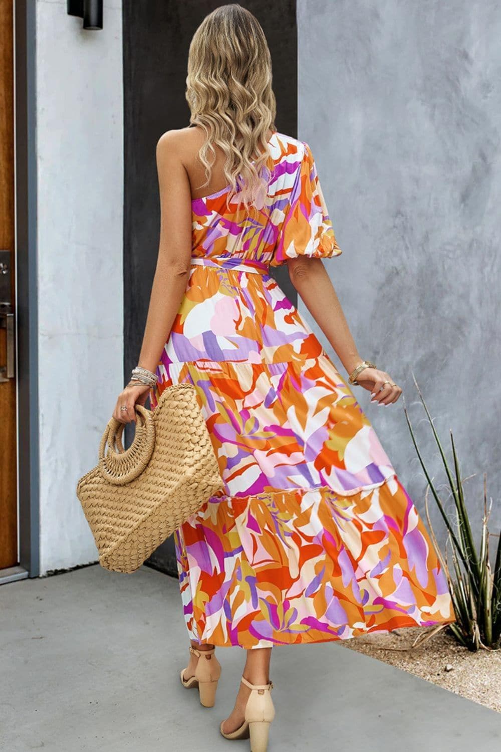 Printed One-Shoulder Tie Belt Maxi Dress, Multiple Colors - SwagglyLife Home & Fashion