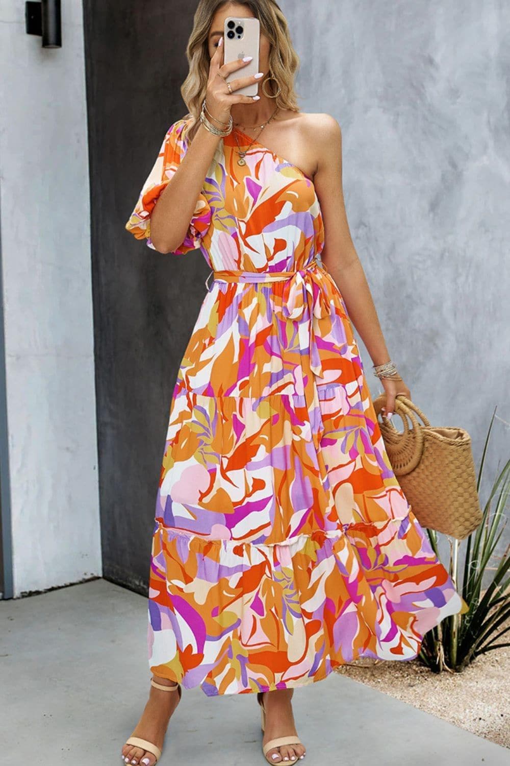 Printed One-Shoulder Tie Belt Maxi Dress, Multiple Colors - SwagglyLife Home & Fashion