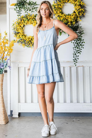 Spaghetti Strap Tiered Denim Dress, Sky Blue - SwagglyLife Home & Fashion