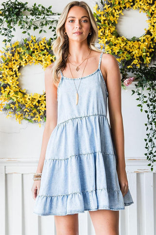 Spaghetti Strap Tiered Denim Dress, Sky Blue - SwagglyLife Home & Fashion